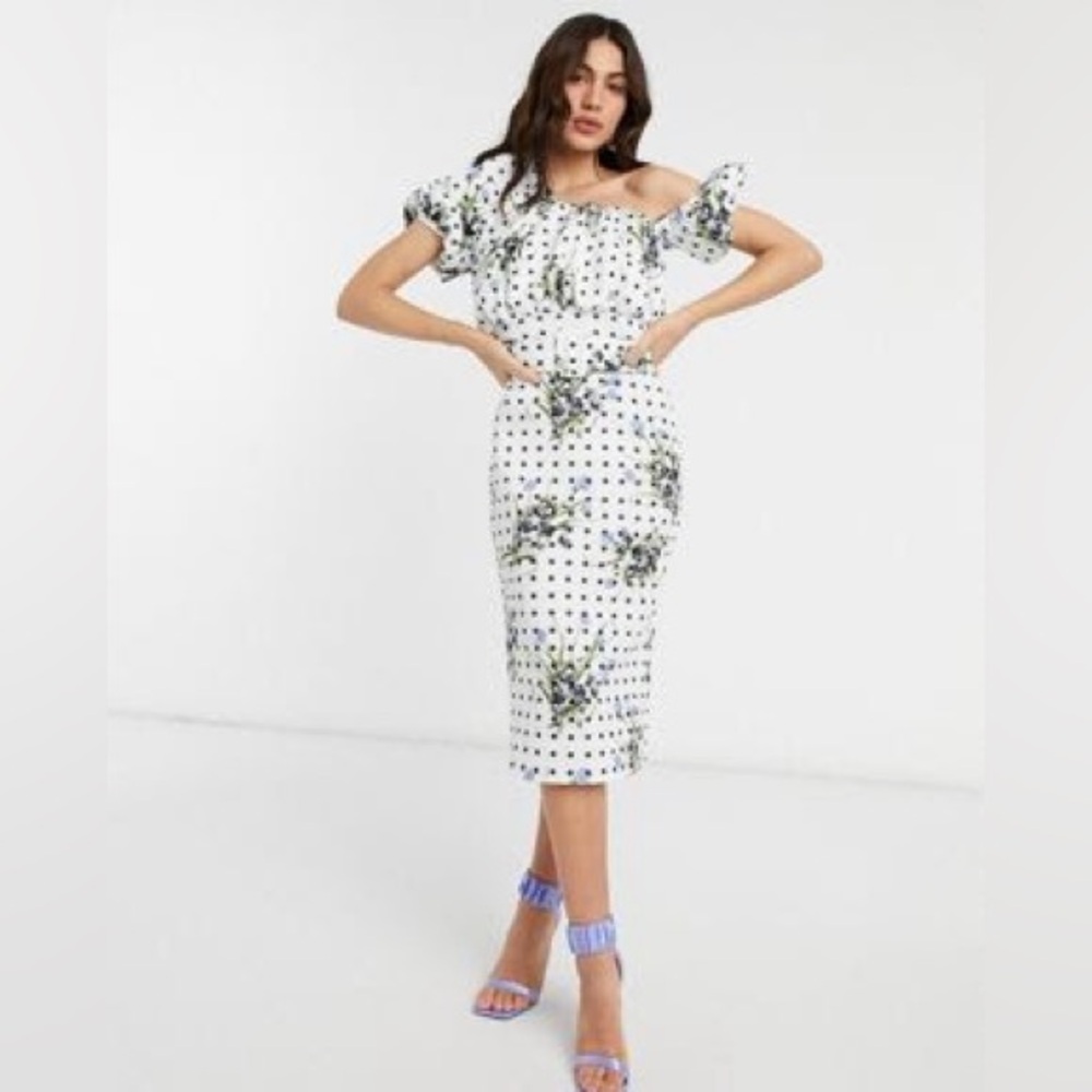 ASOS Design one shoulder bubble neckline belted midi dress in floral polka dot.